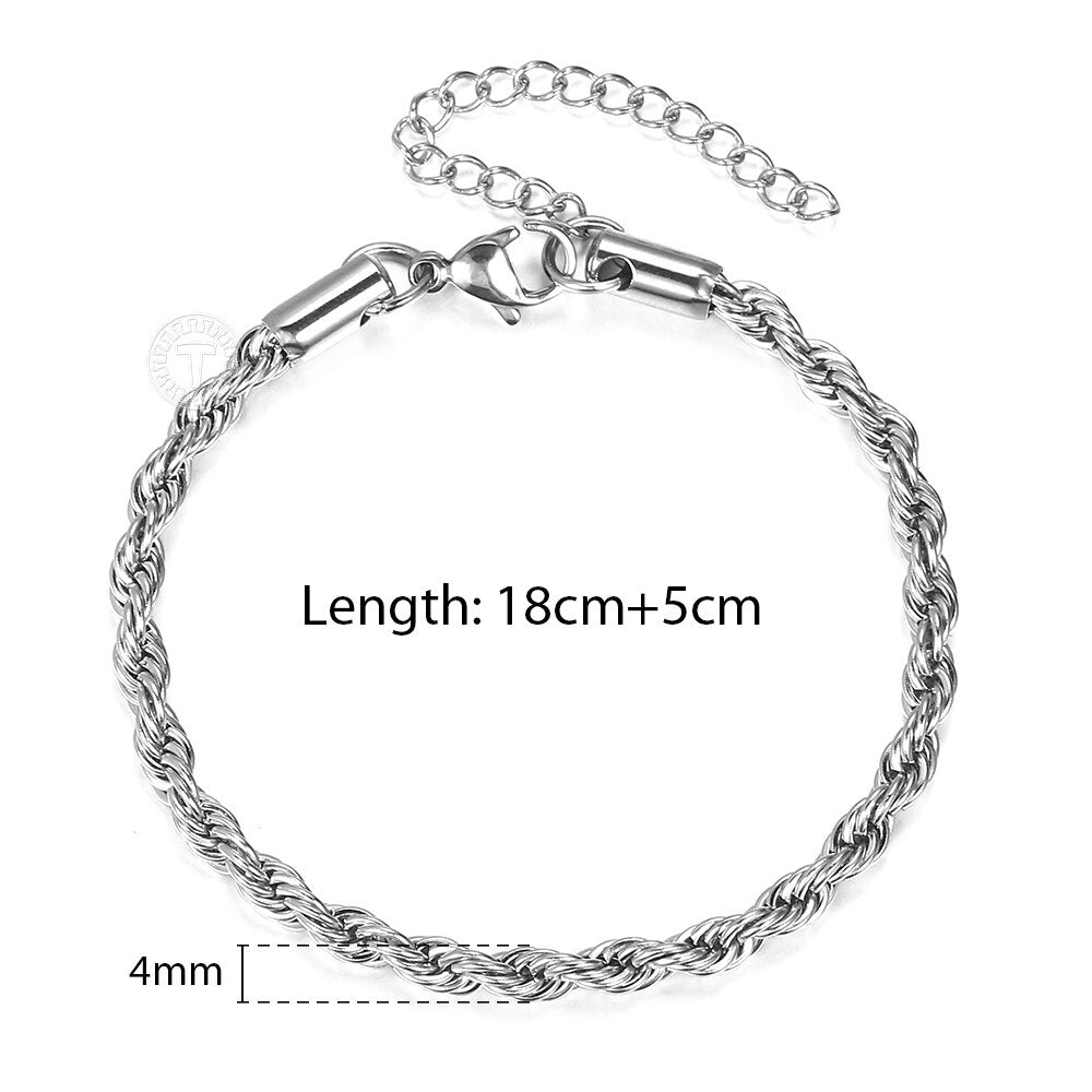 2/3/4/5mm Stainless Steel Twisted Rope Chain Bracelets for Women Men Fashion Punk Bangle Length Adjustable 18cm+5cm