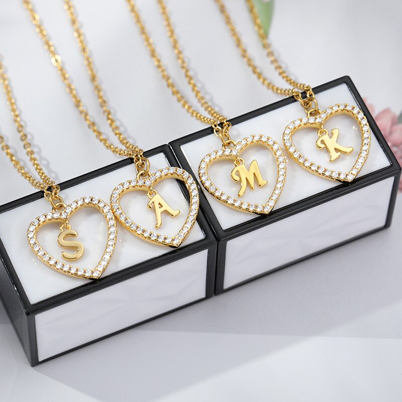 Heart Initial Necklace For Women Hollow Zircon Alphabet Necklaces Letter Pendant 2022 Trend Couple Jewelry Gift collier femme