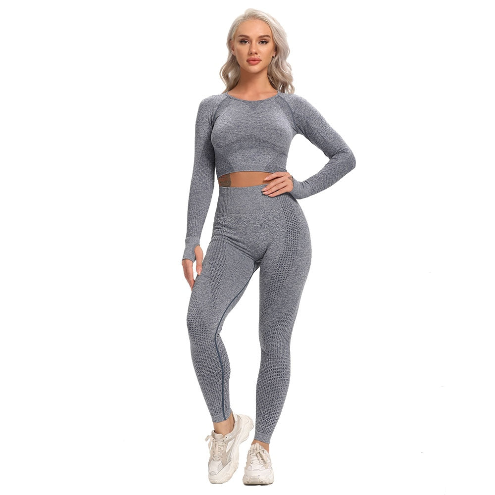 Seamless Yoga Set Fitness Women&#39;s Tracksuit Female Long Sleeve Crop Top High Waist Sports Leggings Workout Suits Gym Sportswear