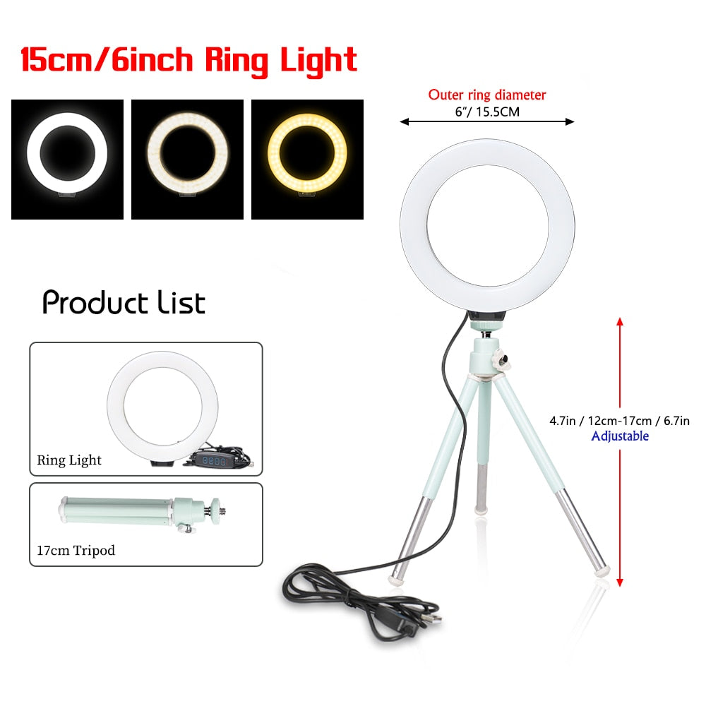 16cm 6 inch Ring Light With Tripod Stand Usb Charge Selfie Led Lamp Dimmable Photography Light For Photo Photography Studio