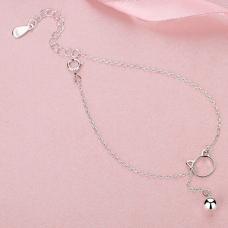 Korean Simple Design Cat Bell Pendant Bracelet Elegant Women's Wedding Party Silver Color Bracelet Charming Girl Jewelry Gift