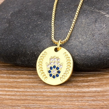 Load image into Gallery viewer, Hot Sale Women Men Hamsa Hand Necklace Gold Color Copper Zircon Evil Eye Pendant &amp; Chain Hip Hop Turkish Luck Jewelry
