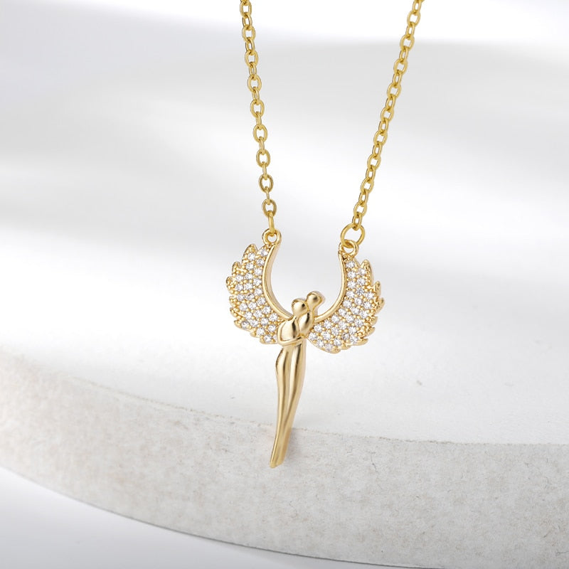 Wing Angel Necklaces Stainless Steel Gold Color CZ Necklace For Women Wedding Band Choker Cubic Zirconia Jewelry Bride Gift