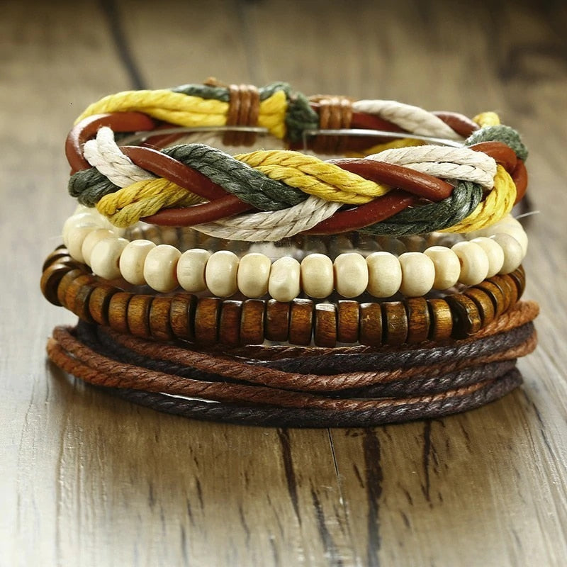 4Pcs/ Set Braided Wrap Leather Bracelets for Men Vintage Life Tree Rudder Charm Wood Beads Ethnic Tribal Wristbands