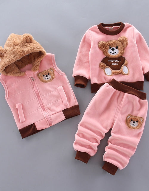 Load image into Gallery viewer, Baby Boys And Girls Clothing Set Tricken Fleece Children Hooded Outerwear Tops Pants 3PCS Outfits Kids Toddler Warm Costume Suit
