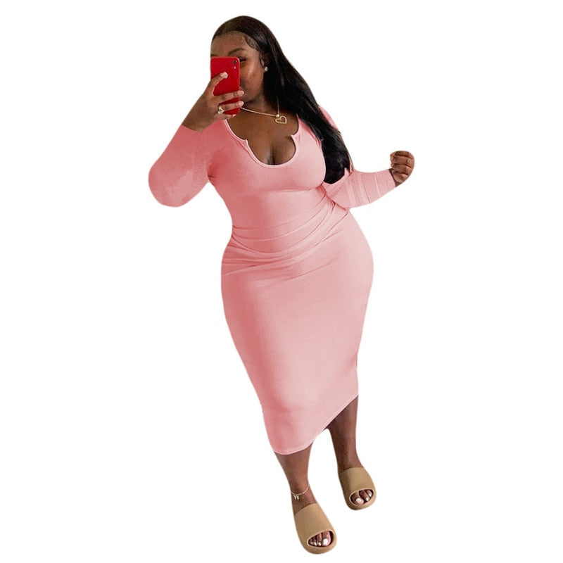 Plus Size Women Clothing O-Neck Solid Midi Dress Bodycon Sexy Fall Elegant Long Sleeve Dresses Party Wholesale Dropshipping