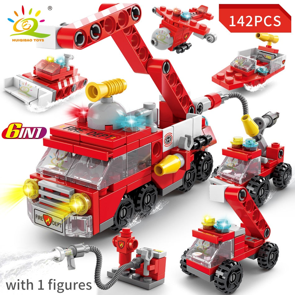 6IN1 City Fire Car Police Truck Engineering Crane Building Blocks Tank Helicopter Bricks Set Toys for Children Kids