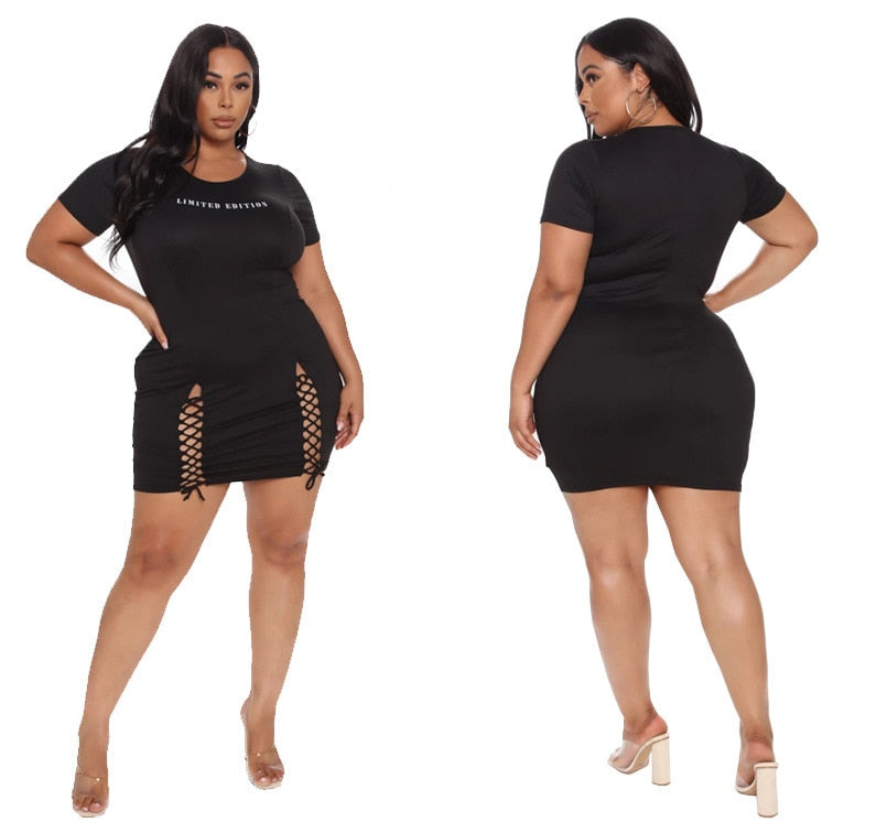 Plus Size Dresses for Women Black Hollow Out Sexy Super Stretch Mini Dress bandage hem summer Wholesale Dropshipping