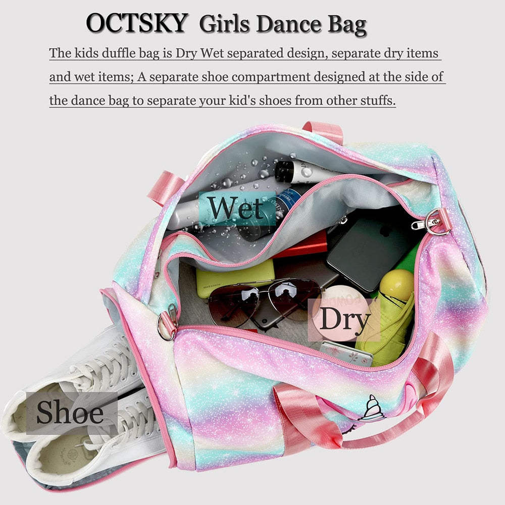 Kids Duffle Bag For Girls Teens Gymnastics Gym Bag Kids Dance Bag Shoe Compartment Wet Pocket Weekender Overnight Sports