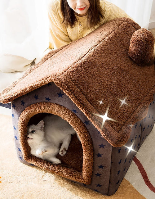 Load image into Gallery viewer, Soft Winter Cat Bed Deep Sleep House Dog Cat House Removable Cushion Enclosed Pet Bed For Cats Kittens Puppy Cama Gato Supplies
