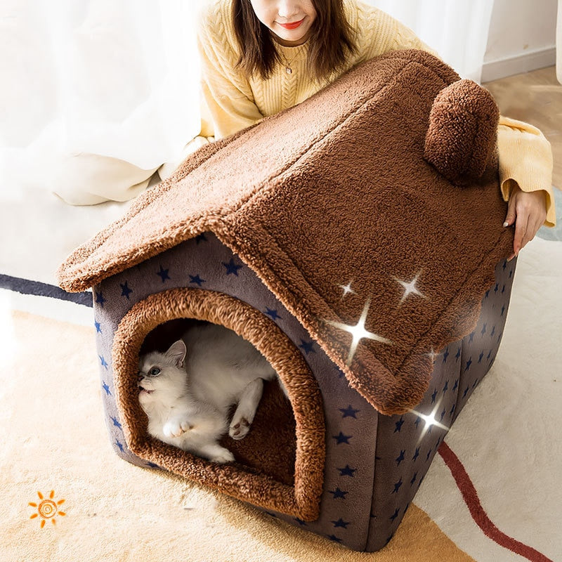 Soft Winter Cat Bed Deep Sleep House Dog Cat House Removable Cushion Enclosed Pet Bed For Cats Kittens Puppy Cama Gato Supplies