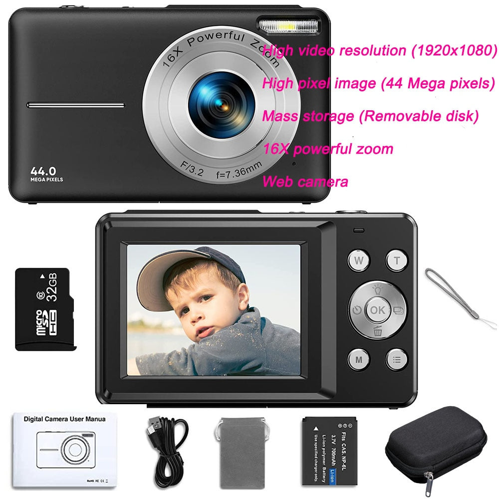 Digital Camera Children Camera for Children Camcorder with 16x Zoom Compact Cameras 1080P 44MP Cameras for Beginner Photography