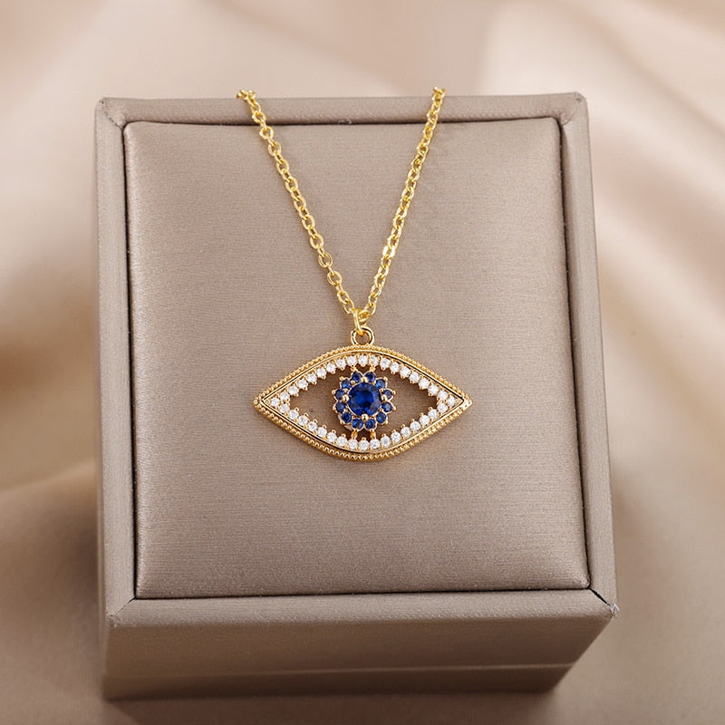 Turkish Evil Eye Pendant Necklace for Women Gold Plated Stainless Steel Necklaces 2023 Trending Choker Lucky Aesthetic Jewelry