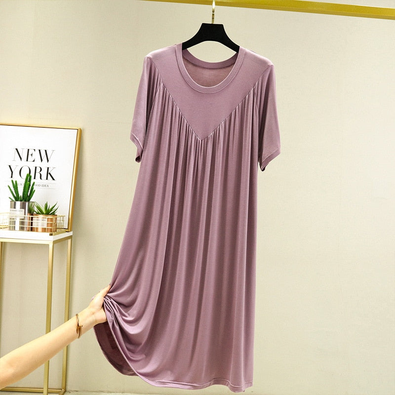 Modal Nightgown Women Cotton Clothes for Summer Loose Large Size Casual Short-sleeved Night Dress Pleated Thin Home Long Dress