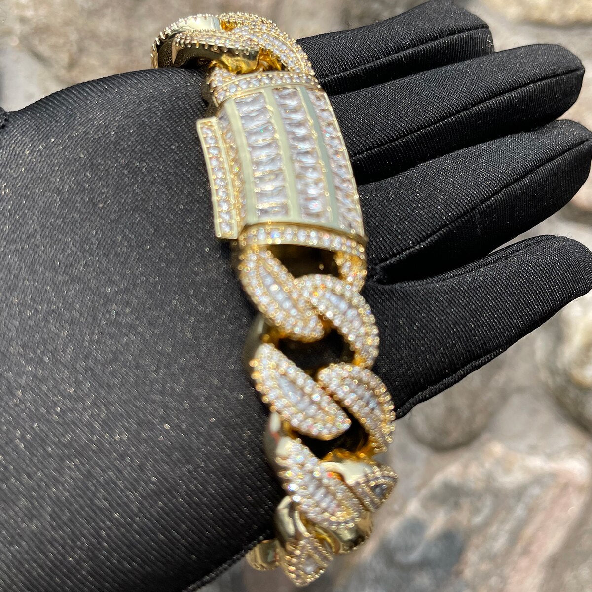 Baguette Cuban Link Bracelet for Men Iced Out Prong Setting Necklace Choker Real Gold Plated Hip Hop Jewelry