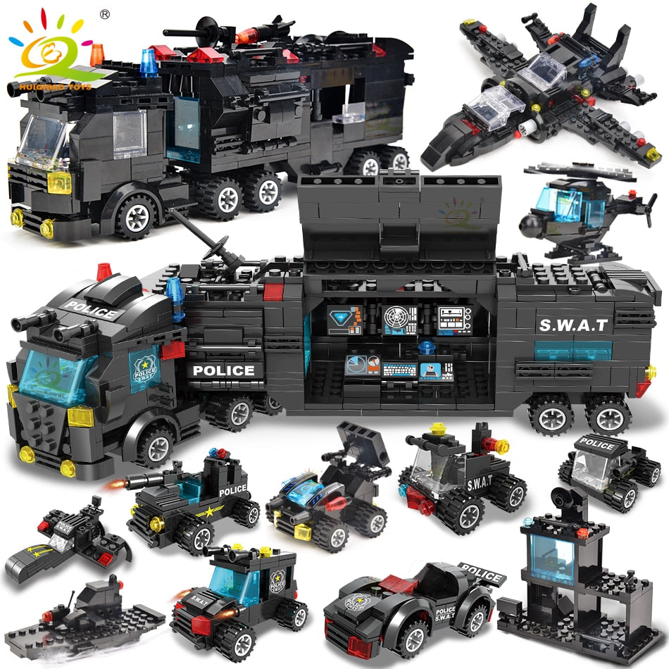 SWAT Police Station Truck Model Building Blocks City Machine Helicopter Car Figures Bricks Educational Toy For Children