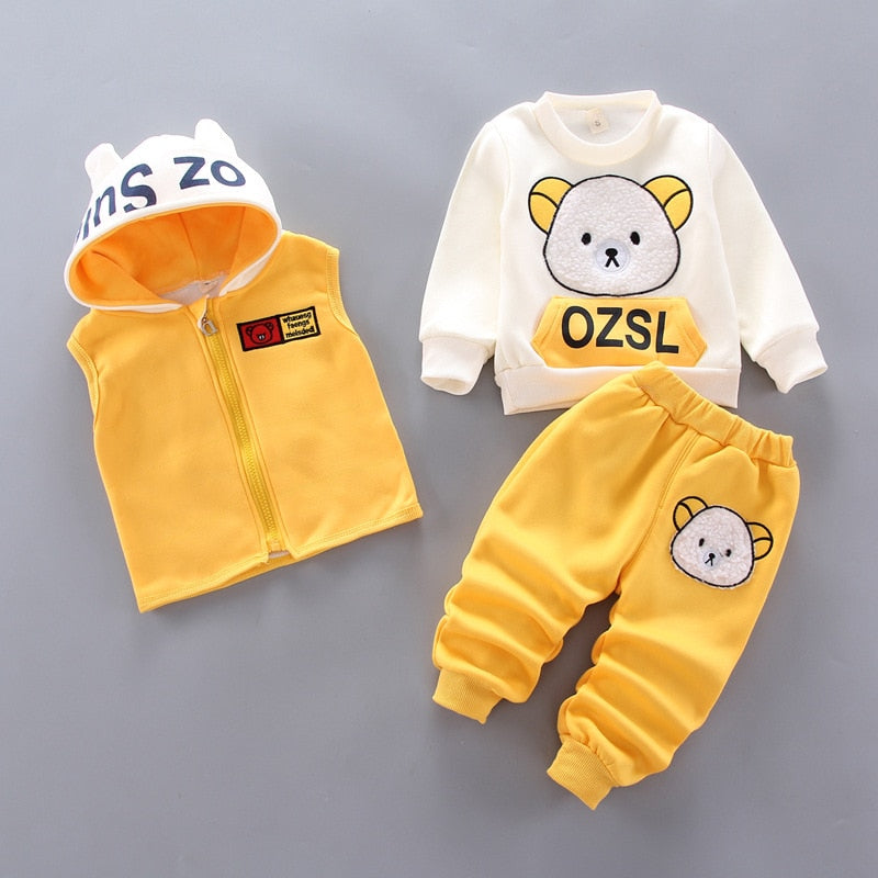 Autumn Winter Baby Boys Clothes Sets Thick Fleece Cartoon Bear Jacket Vest Pants 3Pcs Cotton Sport Suit For Girls Warm Outfits