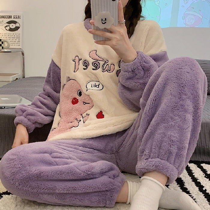 Autumn Winter New Warm Flannel Women&#39;s Pajamas Set Long-sleeved Trousers Two-piece Set Cute Soft Home Wear Clothes for Women