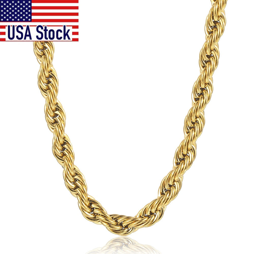 New Fashion Twisted Rope Link Chain Gold Color Stainless Steel Necklace for Men Unisex Chain Jewelry Gifts 22inch 3-7mm KNM178A