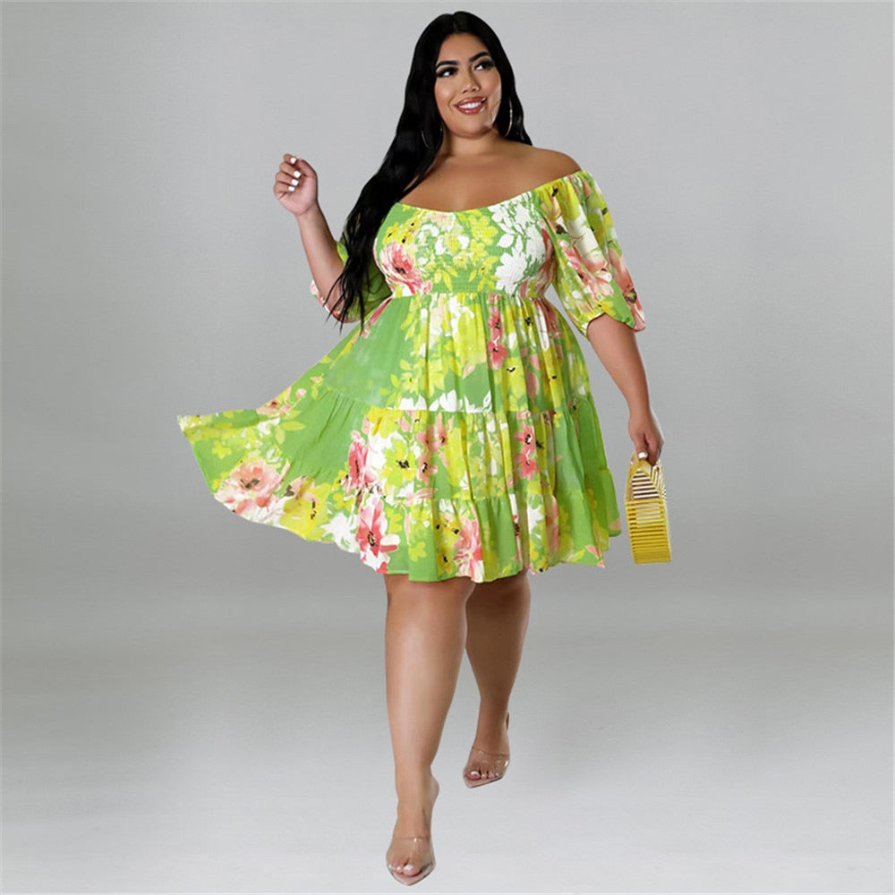 Plus Size Summer Dresses Women&#39;s Clothing Flower Printed One Shoulder Elegant Mini Dress Hot Sale Wholesale Dropshipping