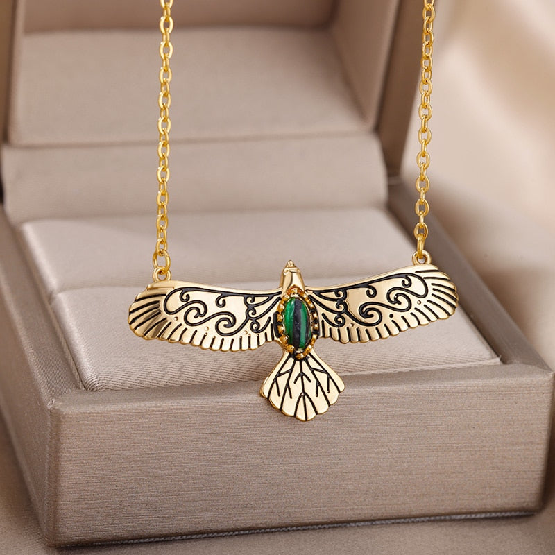 Green Stone Opal Eagle Pendant Necklace for Women Men Goth Gold Plated Stainless Steel Necklaces 2023 Trend Aesthetic Jewelry