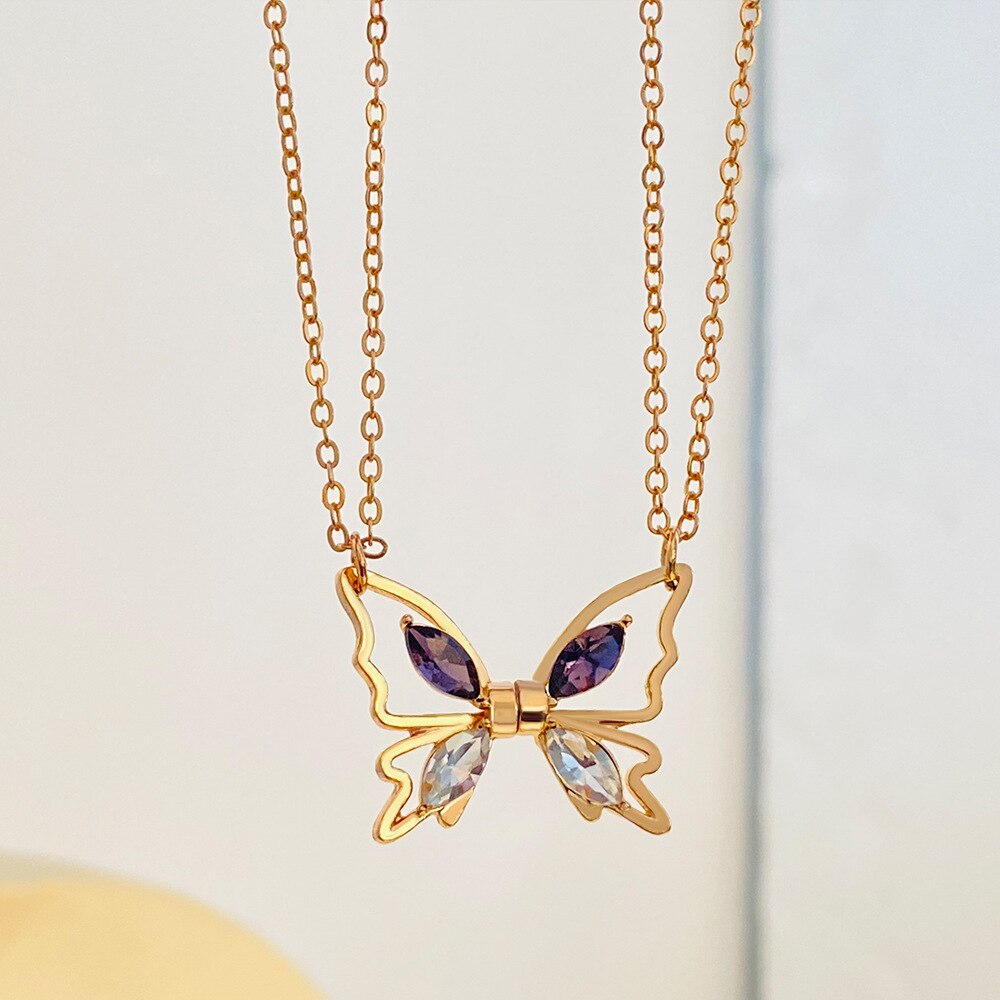 Dainty Magnetic Couple Necklace For Women Lovers Crystal Butterfly Pendant Clavicle Chain Best Friend Friendship Jewelry Gifts