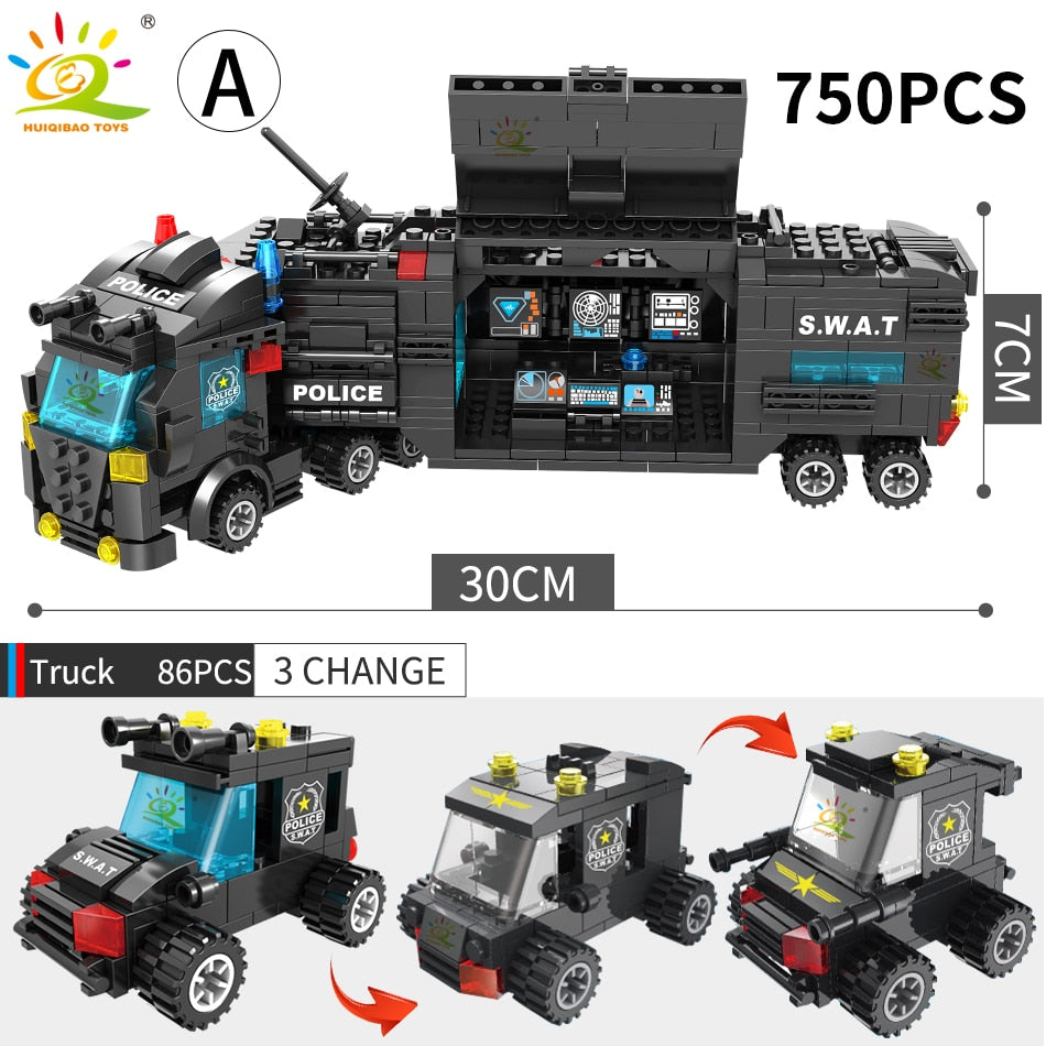 SWAT Police Station Truck Model Building Blocks City Machine Helicopter Car Figures Bricks Educational Toy For Children