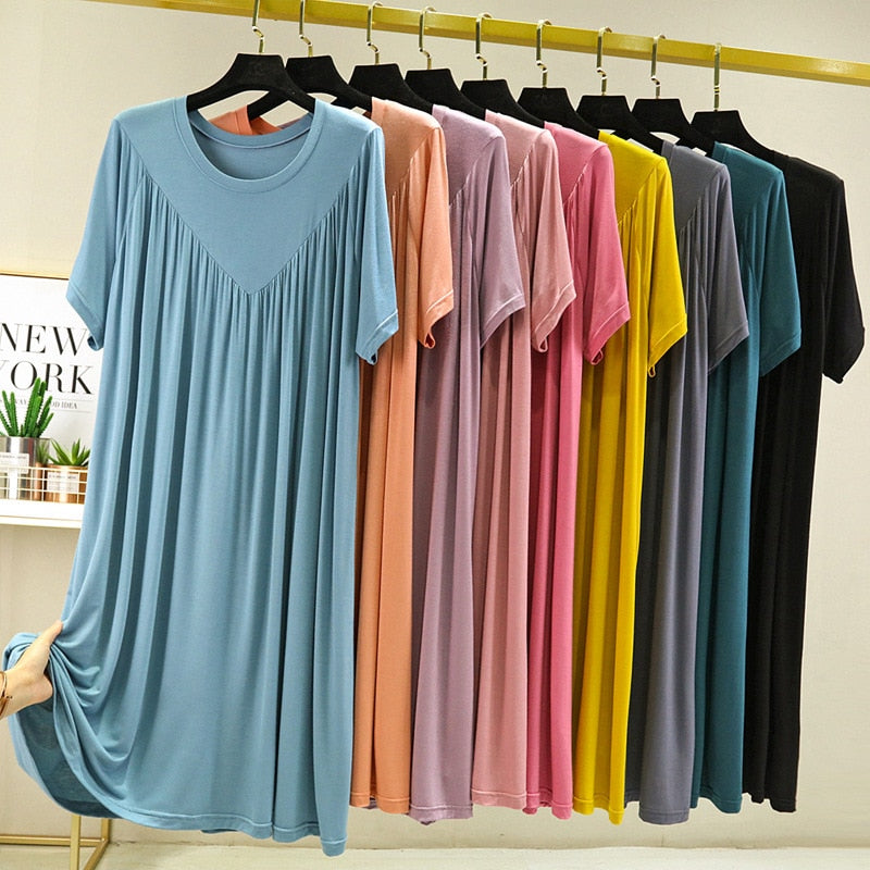 Modal Nightgown Women Cotton Clothes for Summer Loose Large Size Casual Short-sleeved Night Dress Pleated Thin Home Long Dress