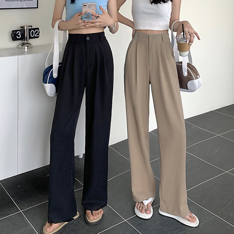 New Straight Wide Leg Women's Pants Korean Style High Waist Pants for Women Solid Color Loose Suit Trousers Female