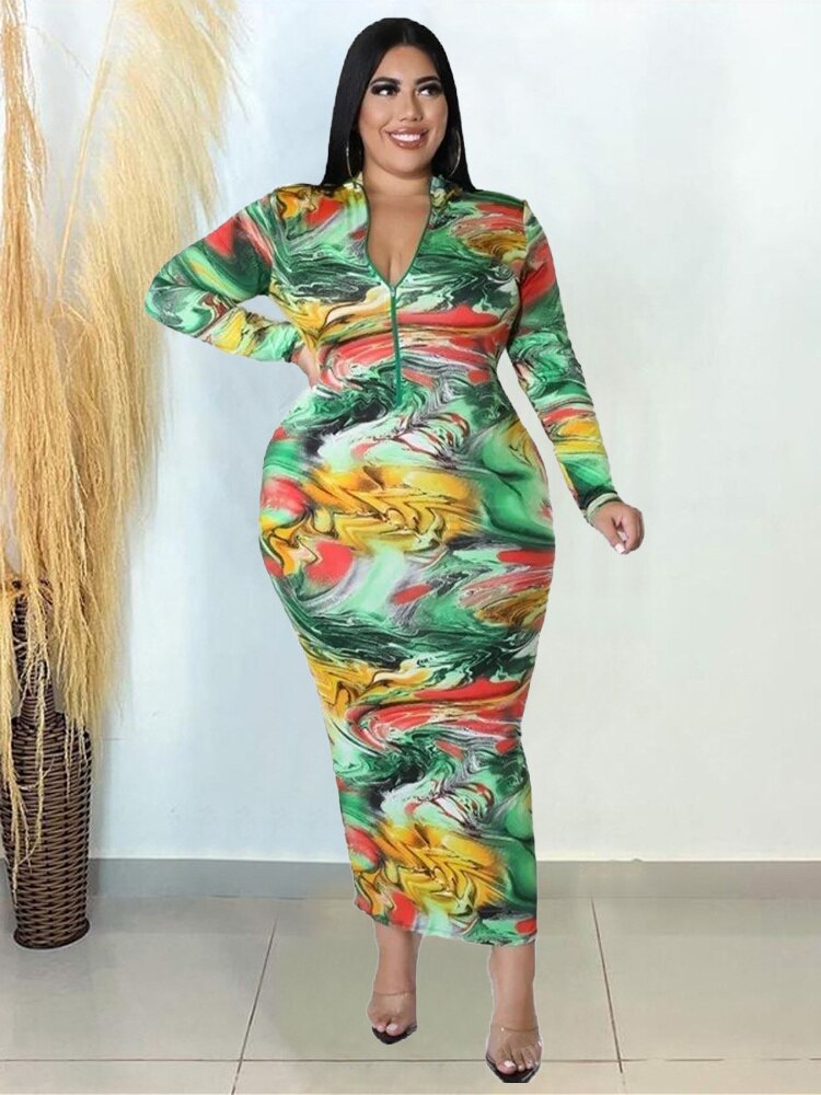 Plus Size Dresses Tie Dye Bodycon Women Clothes Long Sleeve Zipper Back Casual Fashion Maxi Dress Wholesale Dropshipping