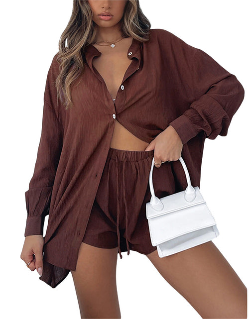 Load image into Gallery viewer, New Casual Summer Tracksuit Female Two Piece Set Solid Color Turn-Down Collar Short Sleeve Shirt Tops And Loose Mini Shorts Suit
