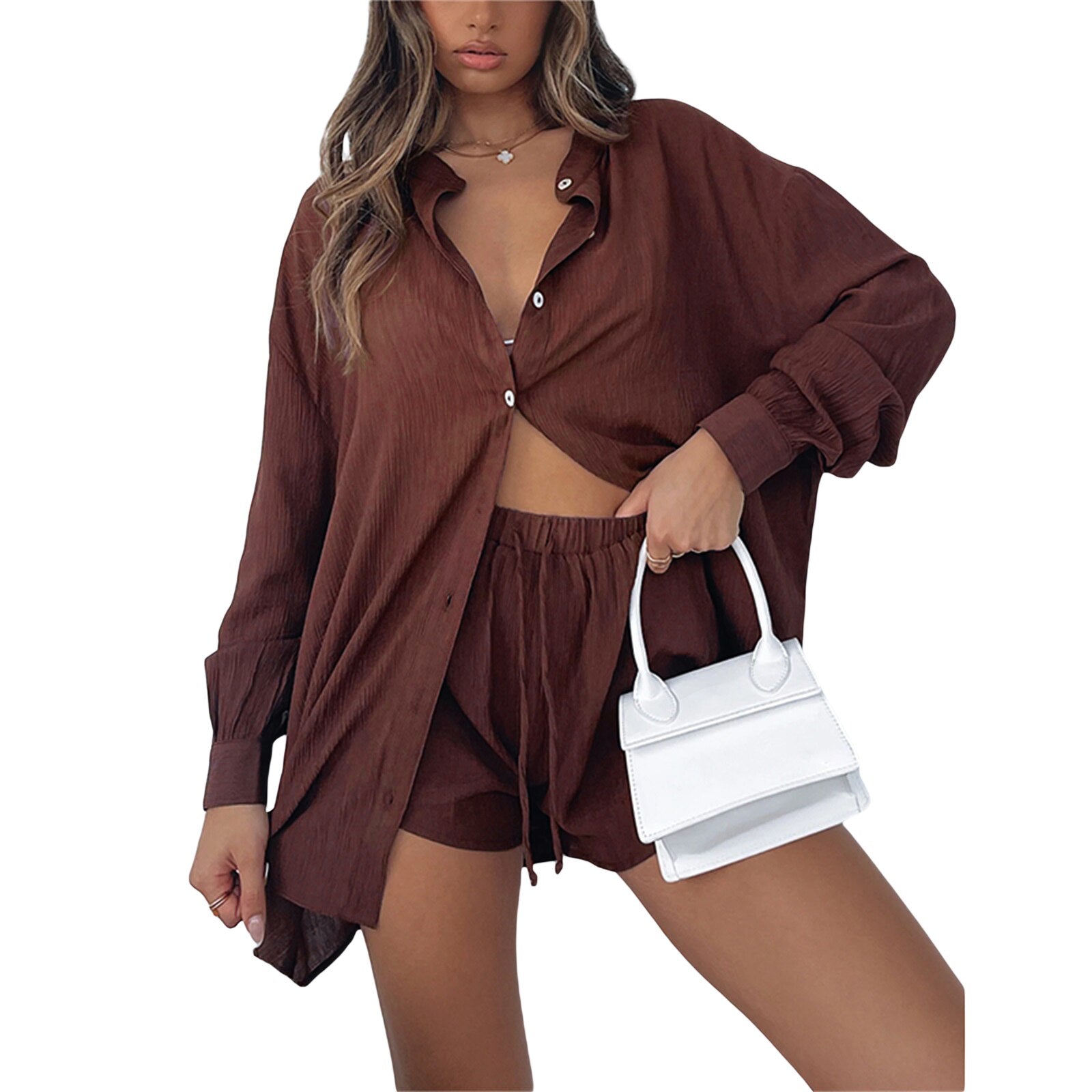 New Casual Summer Tracksuit Female Two Piece Set Solid Color Turn-Down Collar Short Sleeve Shirt Tops And Loose Mini Shorts Suit