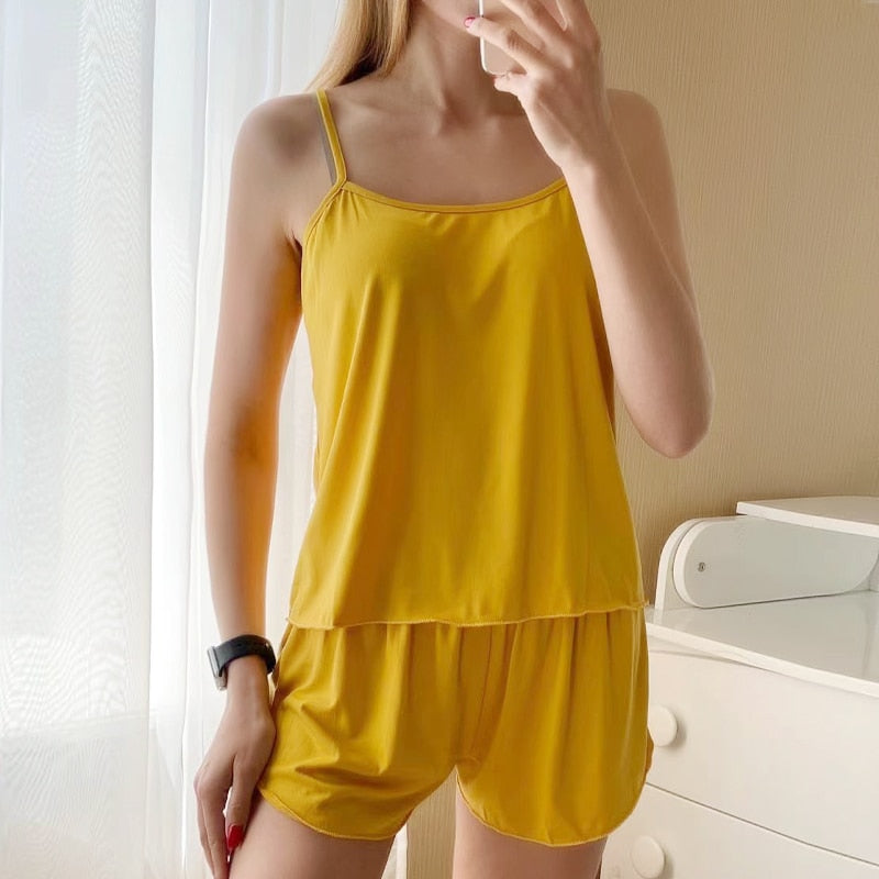 Summer Pajamas Set for Women 2022 Sexy Home Clothes SleepwearTank Top Suits with Shorts Cute Underwear Soft Nightwear Sleeveless