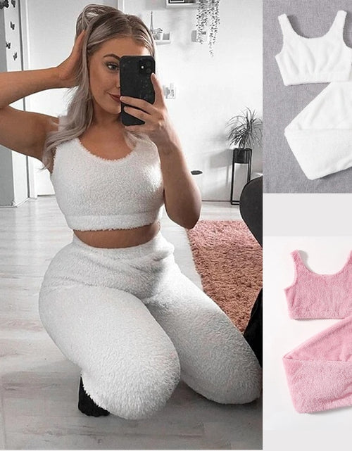 Load image into Gallery viewer, Women Plush Tracksuit 2 Piece Fleece Crop Tops Trousers Sets Autumn Winter Sweatshirts Sleepwear 3XL Causal Outfits Lounge Wear
