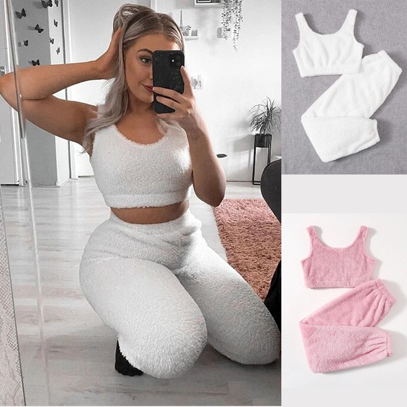 Women Plush Tracksuit 2 Piece Fleece Crop Tops Trousers Sets Autumn Winter Sweatshirts Sleepwear 3XL Causal Outfits Lounge Wear