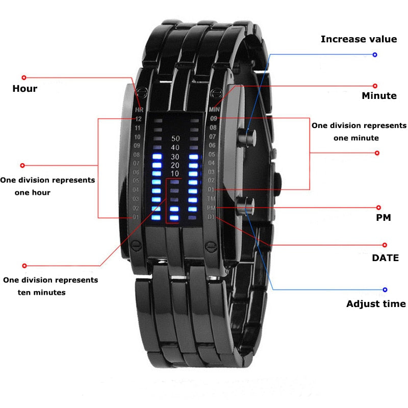 Men Watch 50m Waterproof Lava Watch Double Row Lamp Led Watch Male Binary Steel Band Electronic Sport Watch Relogios Masculino