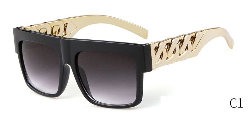 2021 Oversized Hip Hop Sunglasses Men Women Brand Design Flat Top Retro Square Black Sun Glasses Gold Plastic Chain Frame OM725