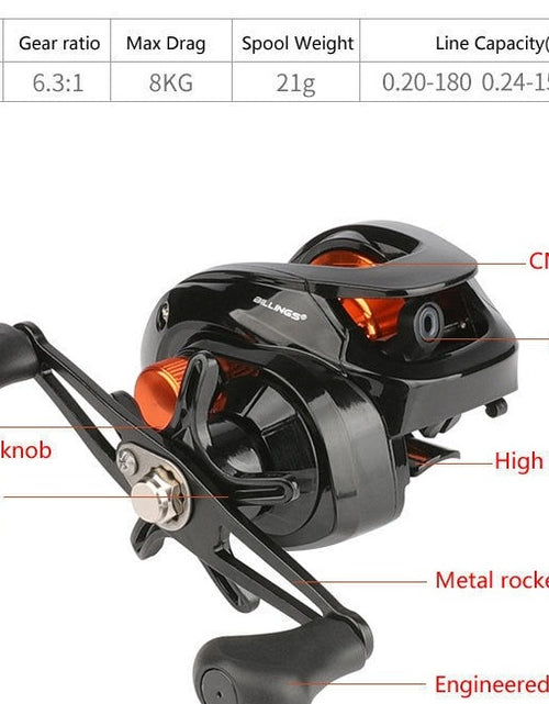 Load image into Gallery viewer, Lightweight Spool 6.3:1 Gear Ratio Baitcasting Fishing Wheel Baitcasting Reel 8kg Max Drag Saltwater High Speed Fishing Reel
