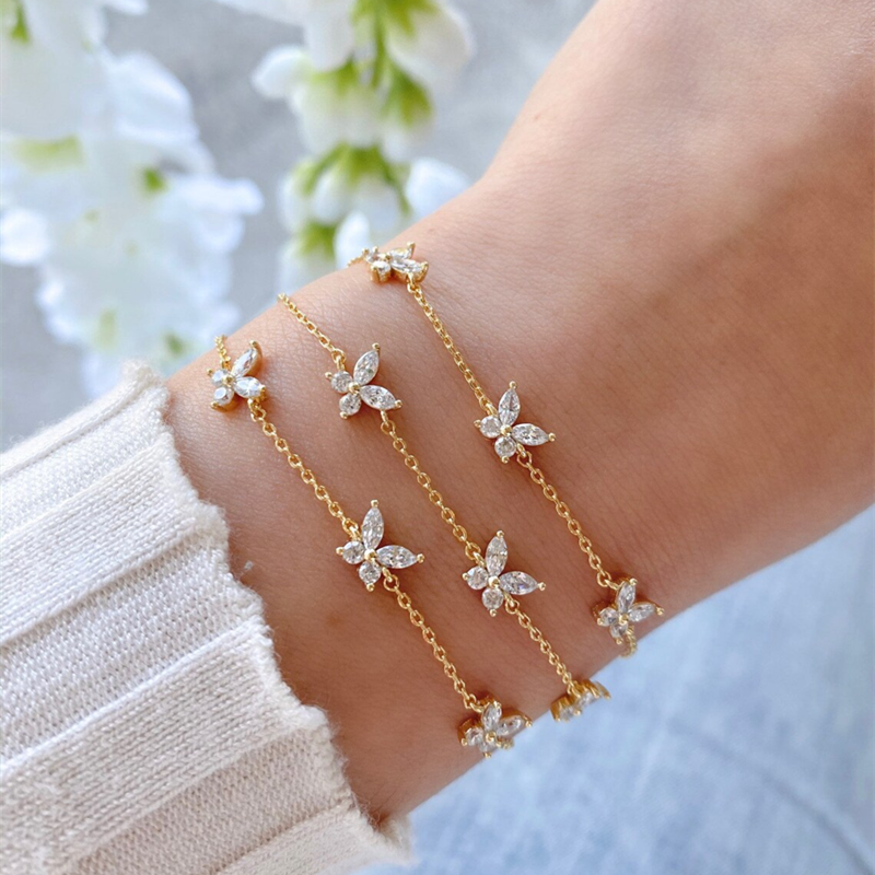 Dainty Crystals Butterfly Bracelets For Women Stainless Steel Jewelry Colorful Flowers Bracelet Femme Bijoux Girl Birthday Gifts