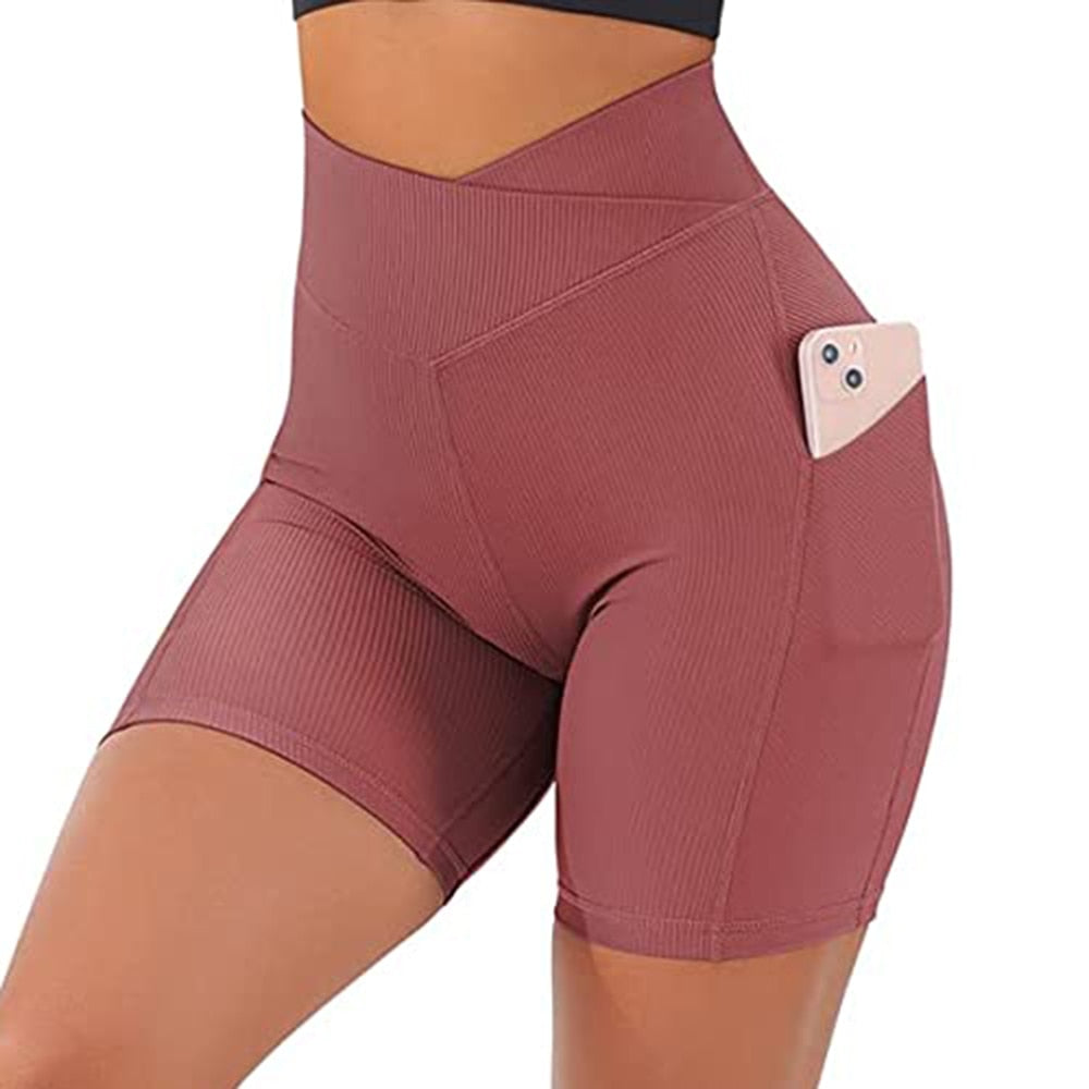 Pockets Yoga Shorts Fitness Women Slim High Waist Seamless Leggings V Waist Design 2022 Gym Running Workout Tummy Control Shorts