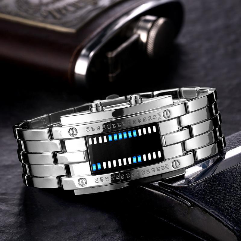 Men Watch 50m Waterproof Lava Watch Double Row Lamp Led Watch Male Binary Steel Band Electronic Sport Watch Relogios Masculino