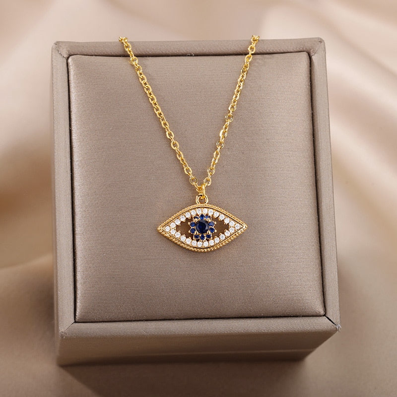 Turkish Evil Eye Pendant Necklace for Women Gold Plated Stainless Steel Necklaces 2023 Trending Choker Lucky Aesthetic Jewelry