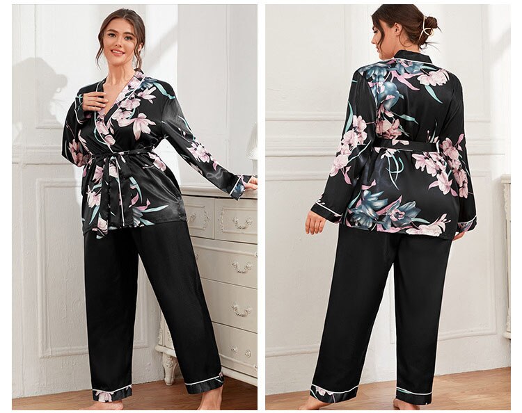 5xl Large Size Satin Women&#39;s Cardigan Printed Robe with Long Trouser Pajamas Set Loose Conjuntos Feminino Elegante Ladies Suits