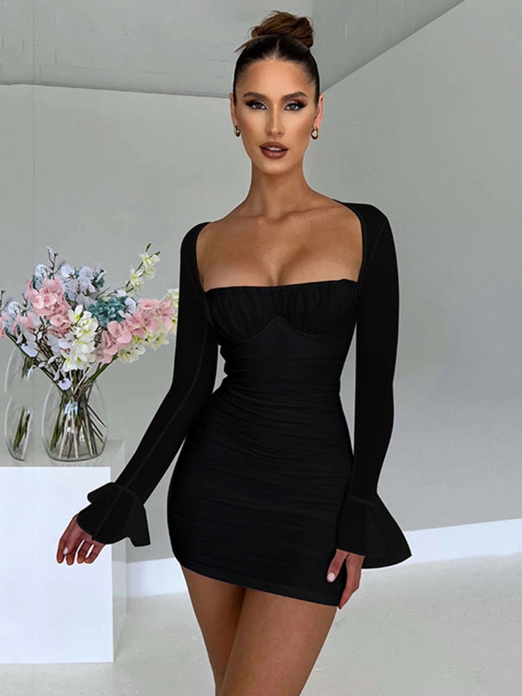 Elegant Backless Sexy Mini Dress For Women Robe Two Layer Mesh Full Sleeve Zipper Bodycon Party Short Dress Vestido