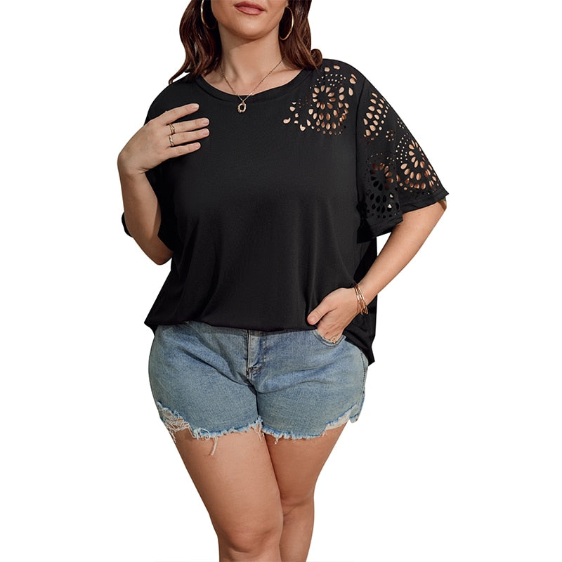 Plus Size Summer Geo Cut Out Tee Ladies Short Sleeve Solid Chiffon T-shirt Women Clothing O-Neck Tops