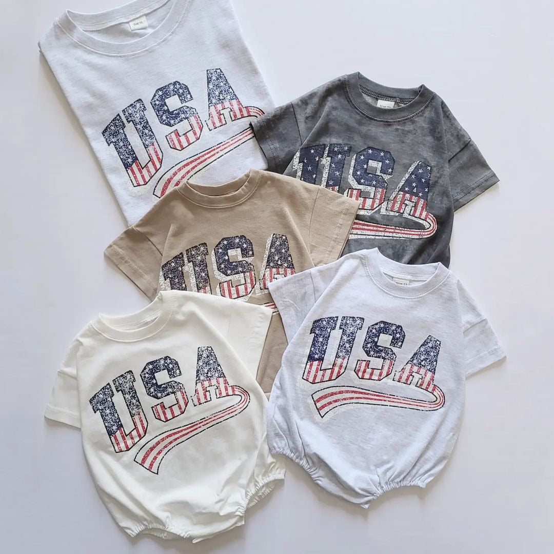 Baby Boys USA Print T-Shirt Romper Newborn Bebe Short Sleeve Sweatshirt Onesie Toddler Girls Romper 0-24M Jumpsuits 2023 Summer