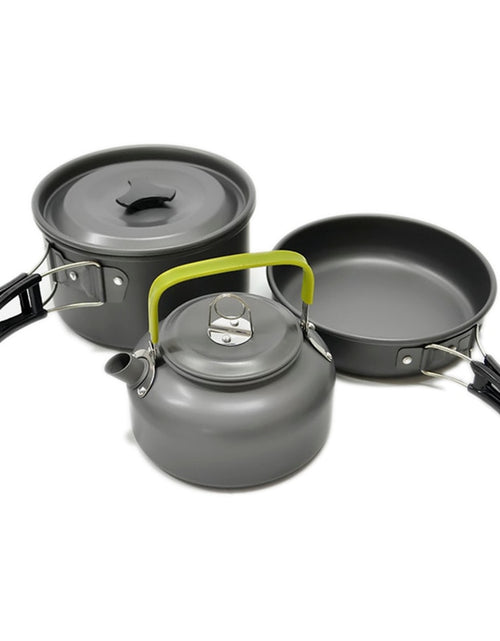 Load image into Gallery viewer, Portable Non-stick Aluminum Alloy Camping Cookware Outdoor Cooking Teapot Picnic Tableware Kettle Pot Frying Pan 3pcs/set
