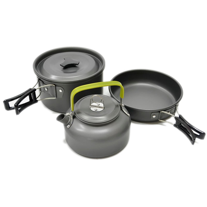 Portable Non-stick Aluminum Alloy Camping Cookware Outdoor Cooking Teapot Picnic Tableware Kettle Pot Frying Pan 3pcs/set