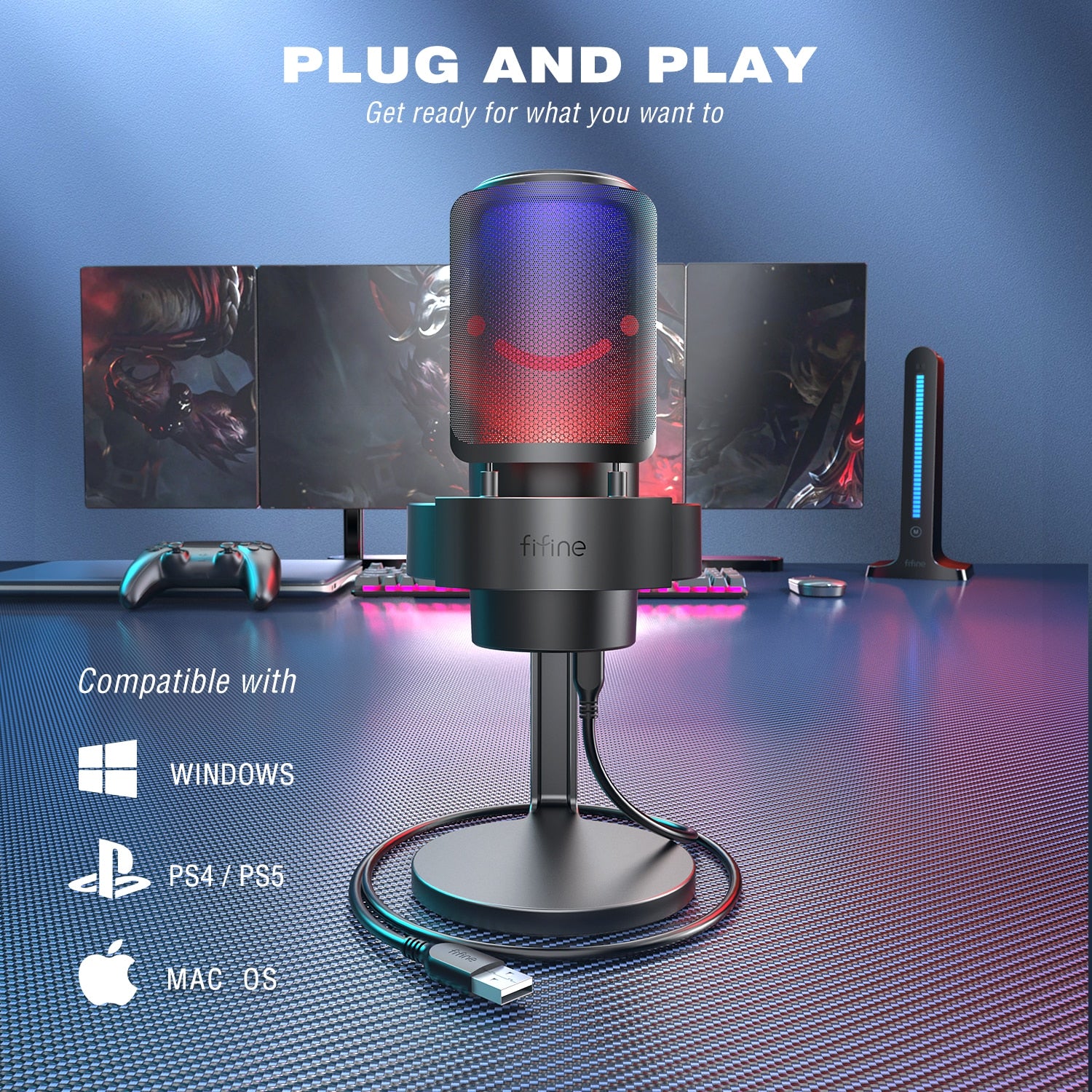 USB Microphone for Recording and Streaming on PC and Mac,Headphone Output and Touch-Mute Button,Mic with 3 RGB Modes -A8