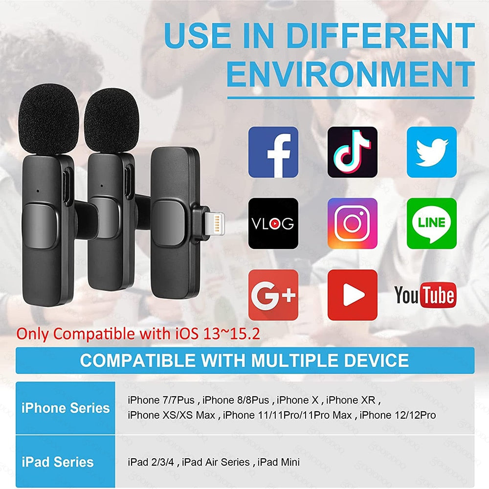 Wireless Lavalier Microphone Noise Reduction Auto-Pairing for iPhone iPad Android PC for Recording YouTube Live Vlog Interview